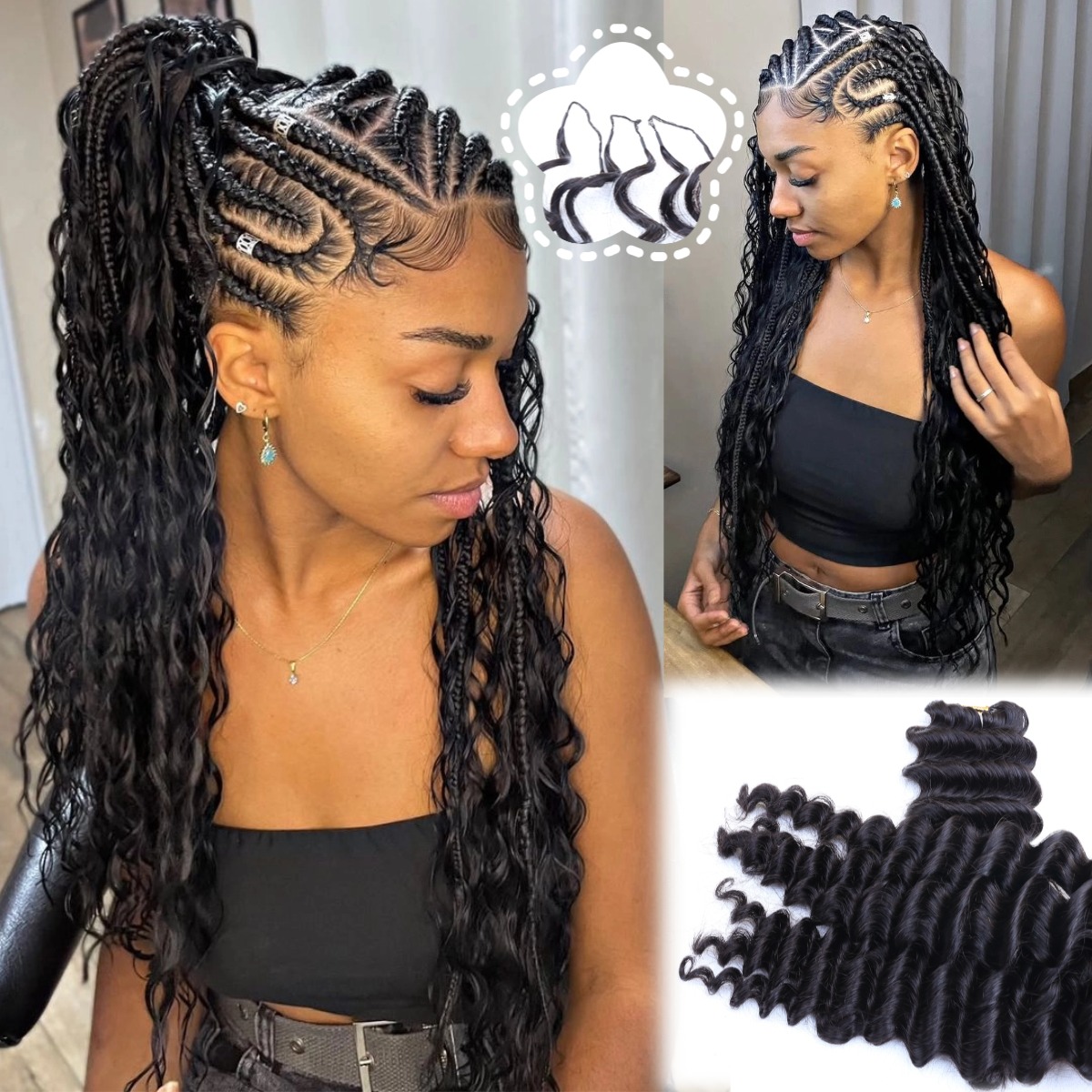 Feather Hair Extension - Naturalne, czarne, głęboko falowane pasma włosów